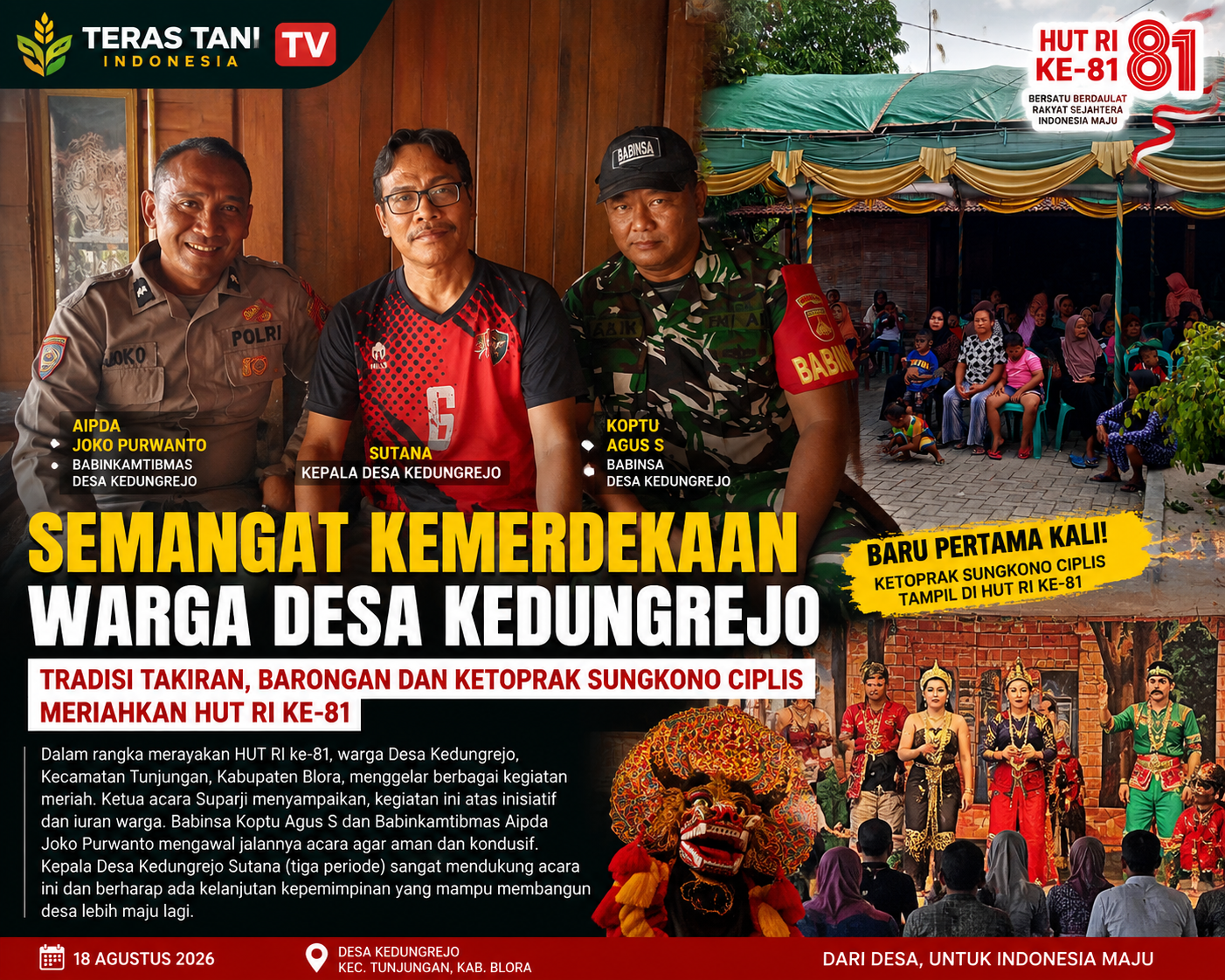 Semarak HUT RI ke-81 di Desa Kedungrejo: Tradisi Takiran, Barongan, dan Ketoprak Meriahkan Perayaan Warga
