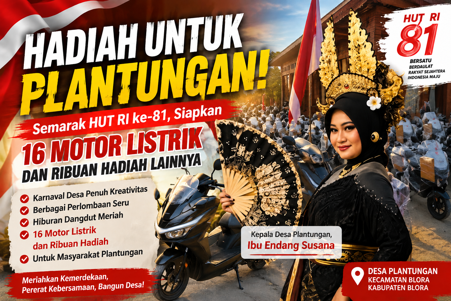 Semarak HUT RI ke-81 di Desa Plantungan, Hadiah Puluhan Motor Listrik dan Ribuan hadian menarik lainya