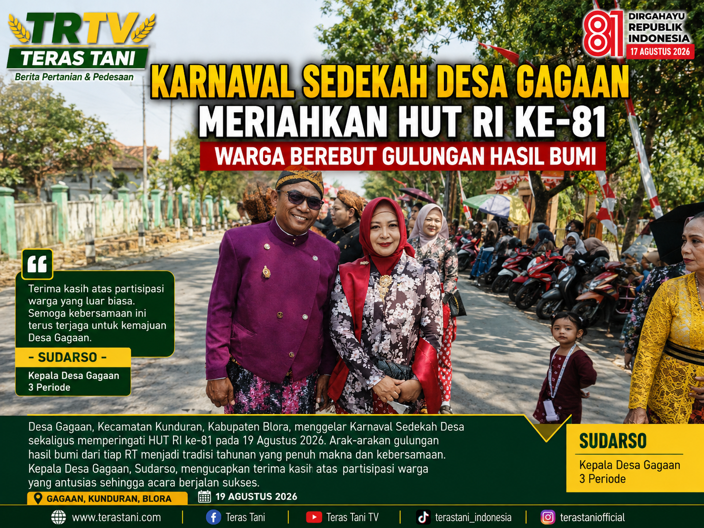 Karnaval SEDEKAH BUMI Desa Gagaan Meriahkan HUT RI ke-81, Warga Berebut Gulungan Hasil Bumi